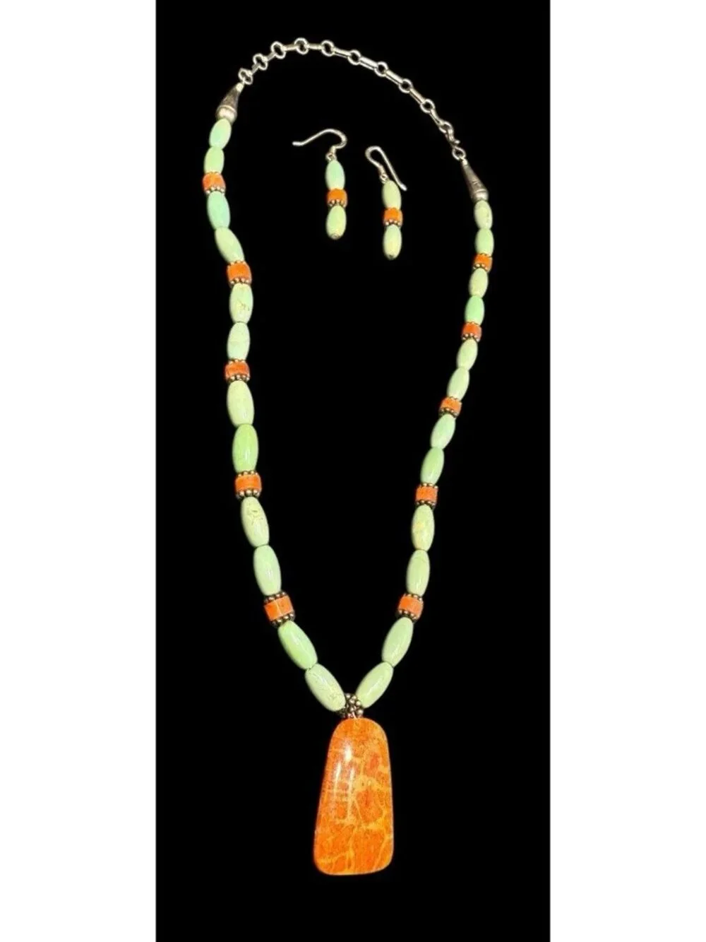 Native American Turquoise Coral Beaded Jewelry Set Necklace Earrings Ethnic